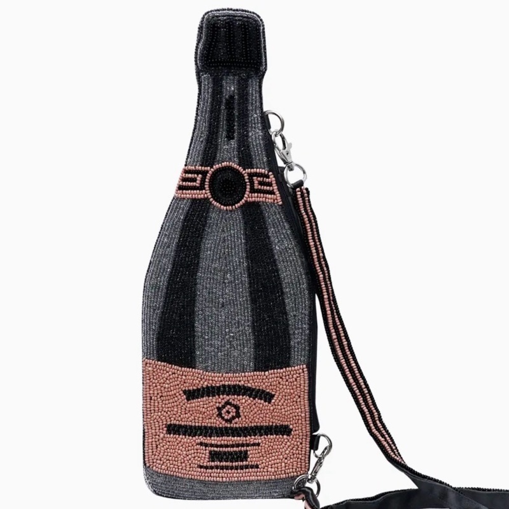 Celebration! Elegant Black Pink Hand-beaded Champagne Prosecco Crossbody Bag